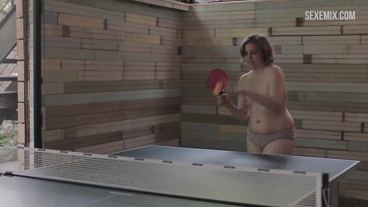 Lena Dunham  without bra plays table tennis, scene in Girls