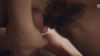 Stacy Martin rubs her pussy on the guy's cock on top, scene in Nymphomaniac: Vol. II