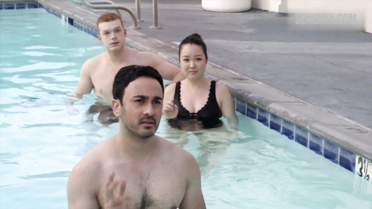 Charlet Takahashi Chung in black swimsuit, scene in Shameless