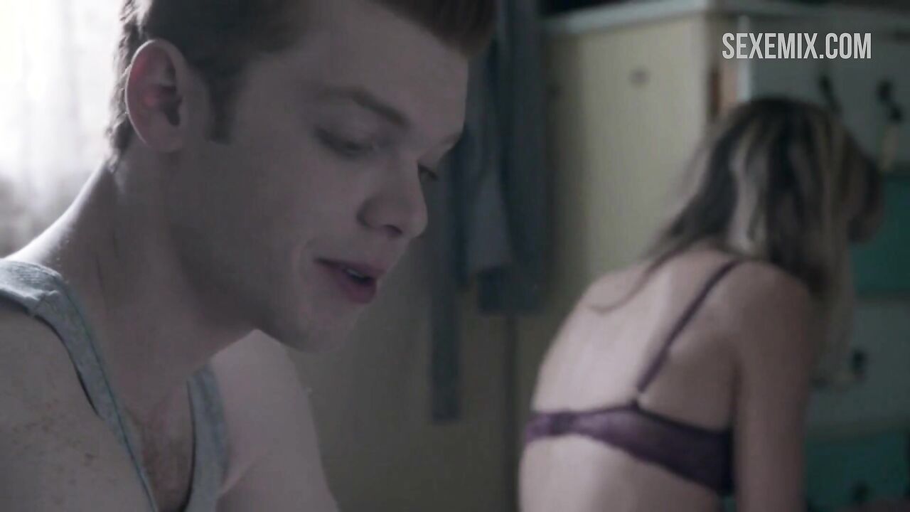 Emma Greenwell in black bra and black panties, scene in Shameless