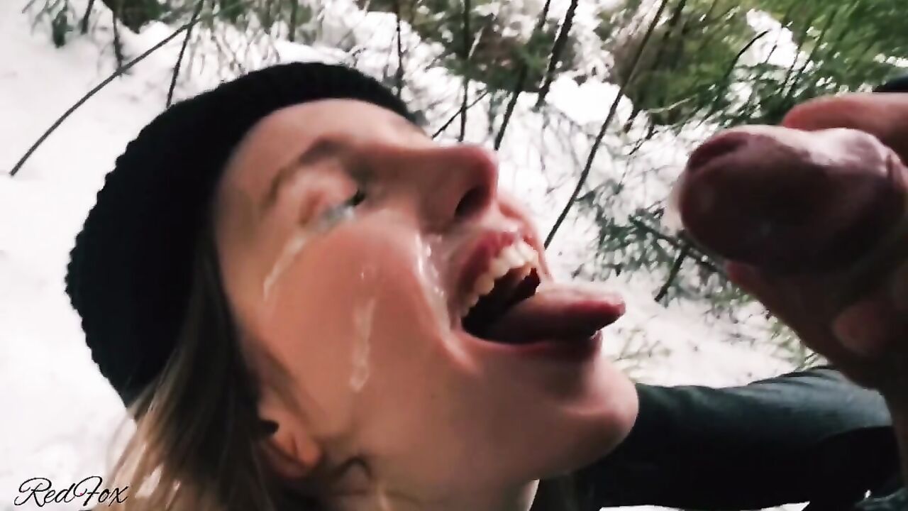 Fucking a girlfriend in the winter forest.